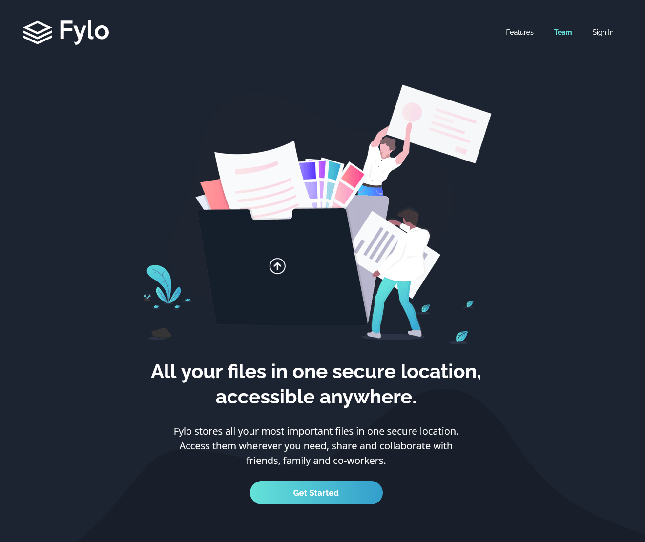 Image of the Fylo dark theme landing page